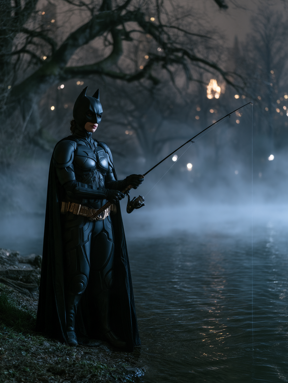 Annabelle in a Batman costume fishing beside a dark, misty pond
