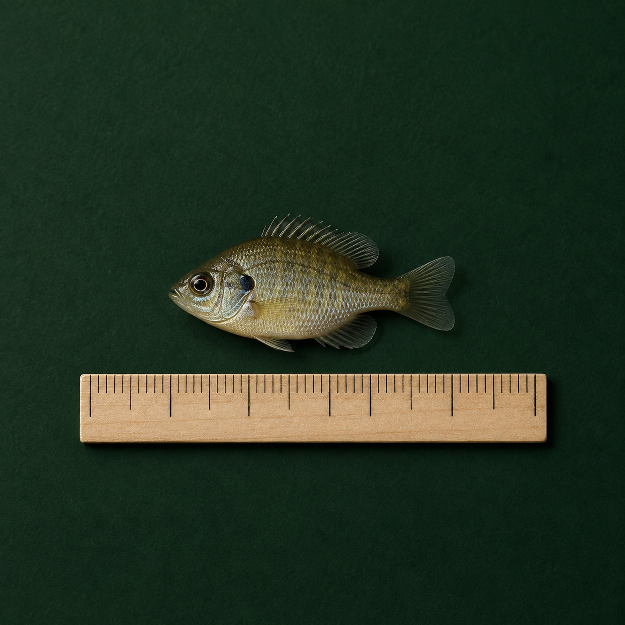 Illustration of a very small bluegill beside a scale on a dark green background
