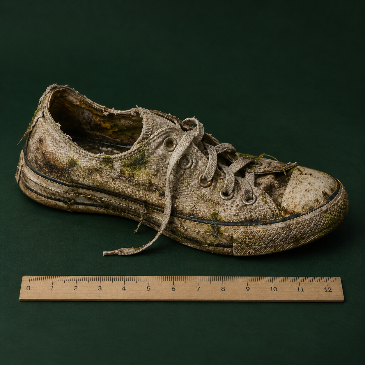 Illustration of a single battered wet canvas shoe on a dark green background